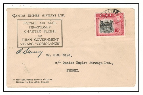 FIJI - 1945 first flight cover to Australia signed by the pilot.