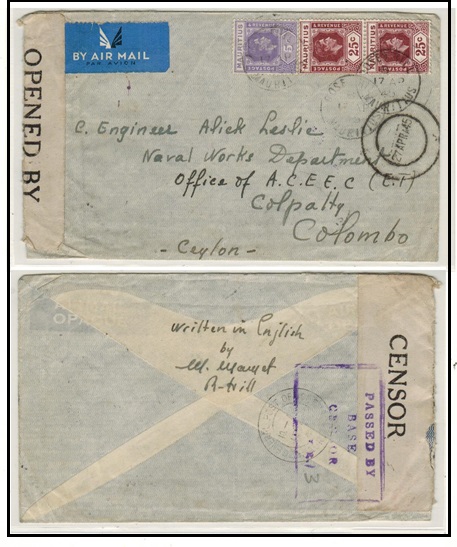 MAURITIUS - 1945 55c rate cover to Ceylon used at ROSE HILL with PASSED BASE CENSOR b/s.
