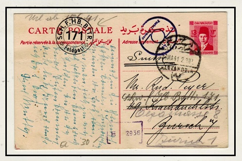 EGYPT - 1939 13m carmine rose censored PSC to Switzerland.  H&G 39