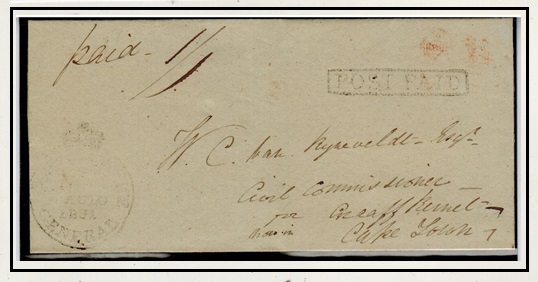 CAPE OF GOOD HOPE - 1831 1/- rated wrapper to Cape Town struck POSTAGE PAID in black.