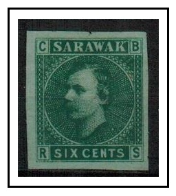 SARAWAK - 1875 6c IMPERFORATE PLATE PROOF printed in green on pale green.