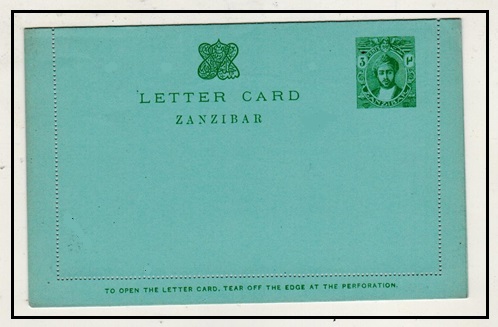 ZANZIBAR - 1913 3c green on blue postal stationery letter card unused.  H&G 1.