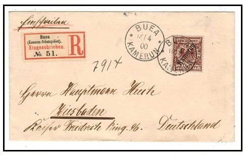 CAMEROONS - 1900 50pfg rate registered cover to Germany used at BUEA.