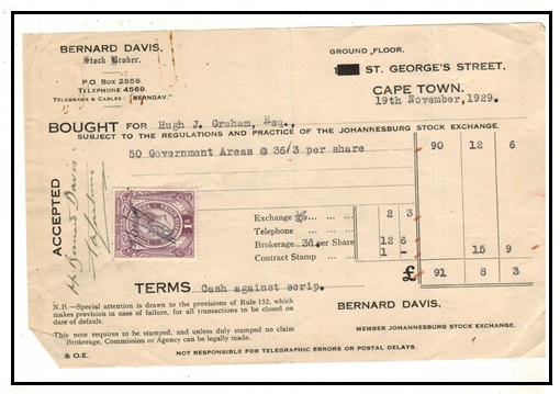 SOUTH AFRICA - 1929 use of receipt showing 1/- REVENUE use.