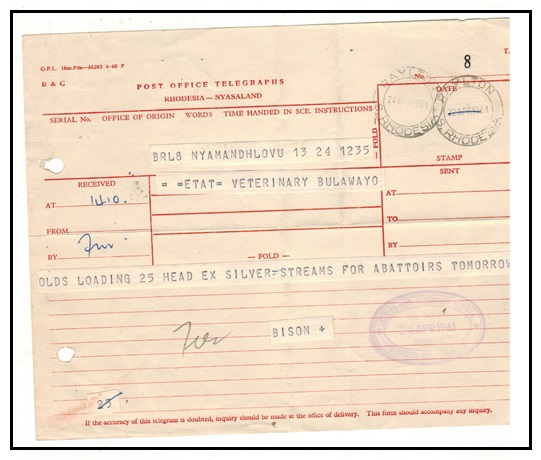 RHODESIA AND NYASALAND - 1961 TELEGRAPH form (G.P.1.) used at RAYLTON.