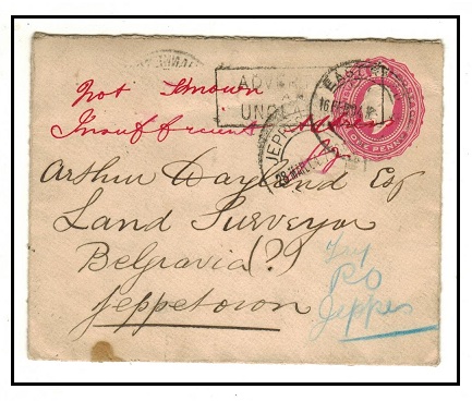 TRANSVAAL - 1902 1d rose PSE to Jeppestoon with ADVERTISED/UNCLAIMED and RETURNED LETTER h/s