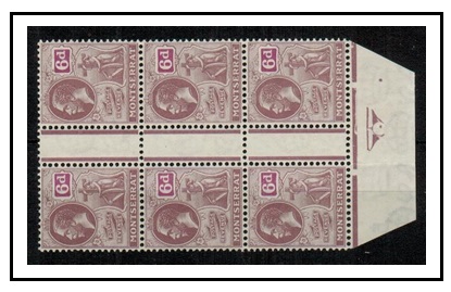 MONTSERRAT - 1923 6d pale and bright purple U/M INTER-PANNEAU block of six.  SG 77.