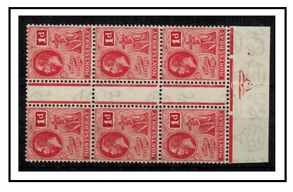 MONTSERRAT - 1929 1d carmine U/M INTER-PANNEAU block of six.  SG 66.