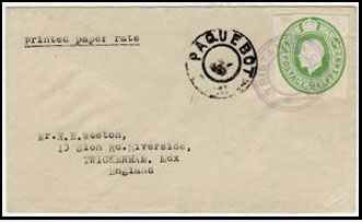 TRISTAN DA CUNHA - 1936 (circa) GB 1/2d postal stationery cut out on PAQUEBOT cover to UK.