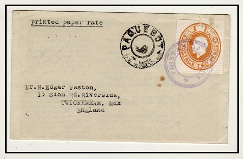 TRISTAN DA CUNHA - 1936 (circa) GB 2d postal stationery cut out on PAQUEBOT cover to UK.
