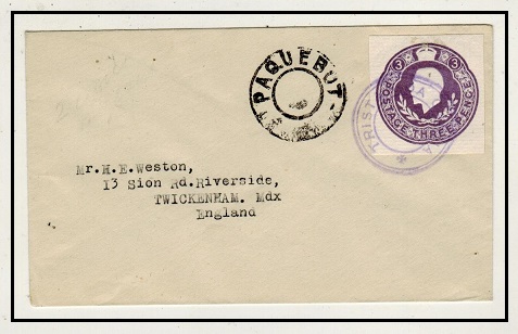 TRISTAN DA CUNHA - 1936 (circa) GB 3d postal stationery cut out on PAQUEBOT cover to UK.