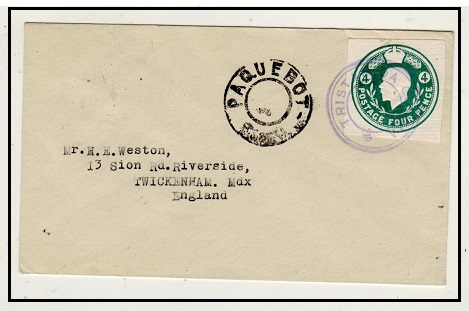 TRISTAN DA CUNHA - 1936 (circa) GB 4d postal stationery cut out on PAQUEBOT cover to UK.
