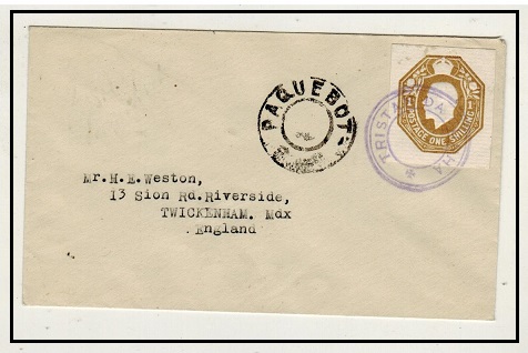 TRISTAN DA CUNHA - 1936 (circa) GB 1/- postal stationery cut out on PAQUEBOT cover to UK.