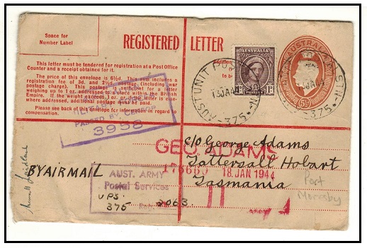 PAPUA - 1944 use of Australian 5 1/2d RPSE uprated and censored at AUST UNIT STATION 375 in Papua.