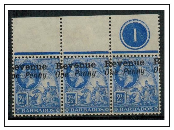 BARBADOS - 1916 REVENUE/ONE PENNY misplaced overprint on 2 1/2d mint PLATE 1 strip of three.