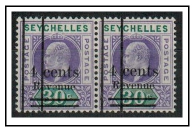 SEYCHELLES - 1904 4c on 30c violet and green REVENUE mint pair with DOUBLE BAR misplacement.