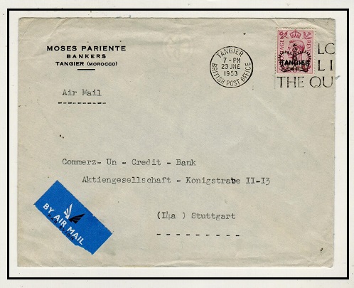 MOROCCO AGENCIES - 1953 6d rate cover to Germany with scarce LONG LIVE THE QUEEN slogan strike.