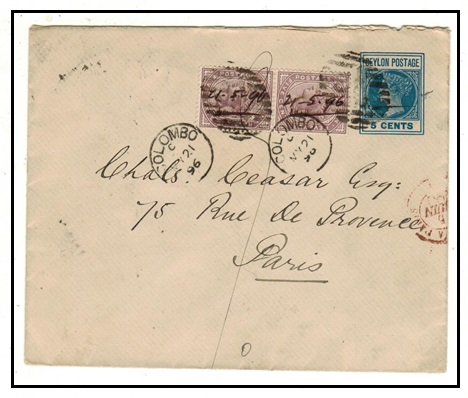 CEYLON - 1895 5c blue PSE uprated to France used at COLUMBO.  H&G 30.