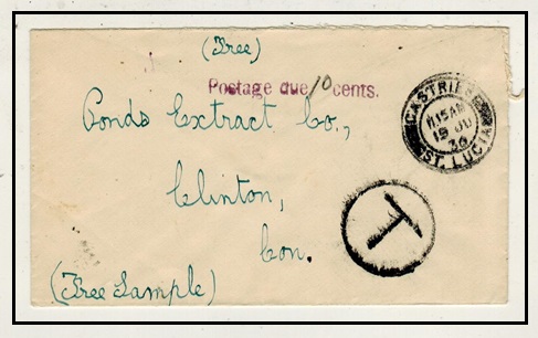 ST.LUCIA - 1936 stampless taxed cover to USA used at CASTRIES.