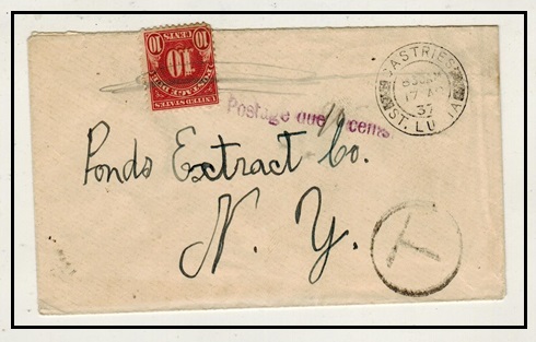 ST.LUCIA - 1937 stampless taxed cover to USA used at CASTRIES.