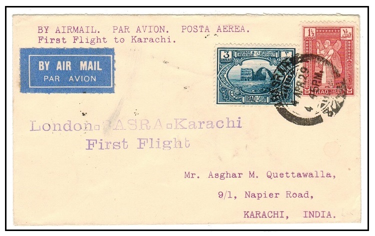 IRAQ - 1929 first flight cover to Karachi in India.