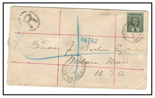 CAYMAN ISLANDS - 1910 1/- rate registered cover to USA used at GEORGETOWN.