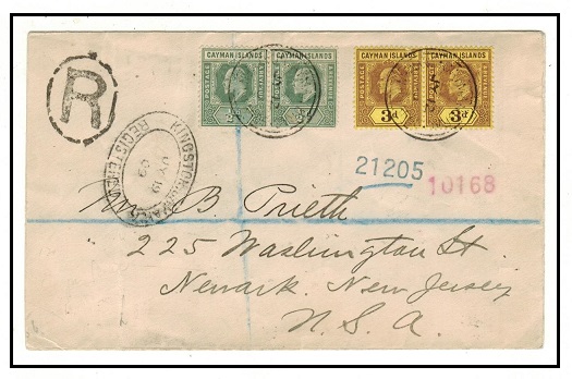 CAYMAN ISLANDS - 1909 7d rate registered cover to USA used at CAYMAN BRAC.