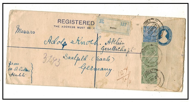 INDIA - 1921 2a + 1a blue on cream uprated RPSE (size J) to Germany used at HUBLI.  H&G 2a.