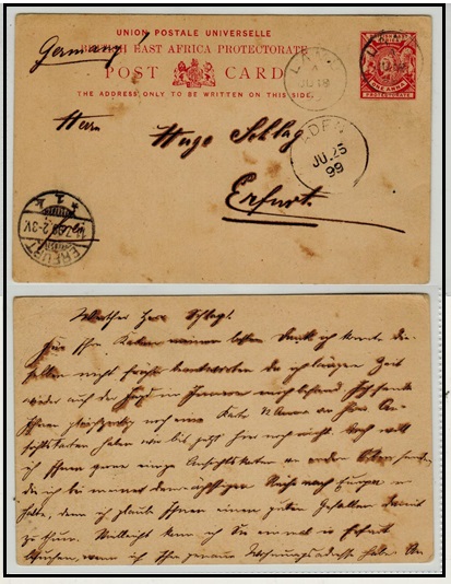 BRITISH EAST AFRICA - 1896 1a carmine PSC to Germany used at LAMU.  H&G 8.