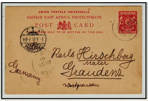 BRITISH EAST AFRICA - 1896 1a carmine PSC to Germany used at MOMBASA.  H&G 8.