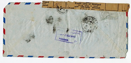 TRANSJORDAN - 1949 AMMAN PASSED censor cover to UK with FOUND DAMAGE strip at top.