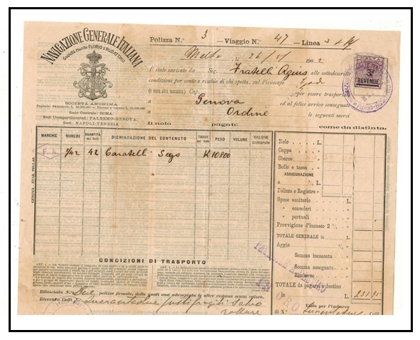 MALTA - 1902 use of 3d REVENUE on 1/- violet on complete transportation document.