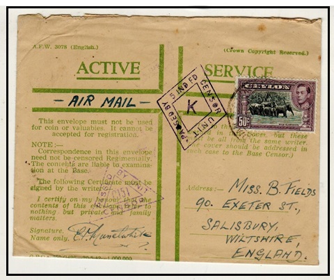 CEYLON - 1942 (circa) use of censored green cross ACTIVE SERVICE cover to UK.