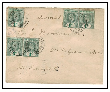 BRITISH HONDURAS - 1909 1c (x5) on cover to USA used at BELIZE.