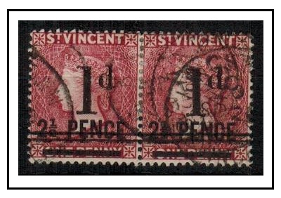 ST.VINCENT - 1885 1d on 2d on 1d lake used pair.  SG 46.