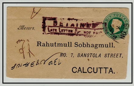 BURMA - 1893 use of Indian 1/2a green PSE struck DETAINED/LATE LETTER FEE NOT PAID.
