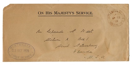 TURKS AND CAICOS IS - 1928 OFFICIAL PAID cds on OHMS cover to USA.