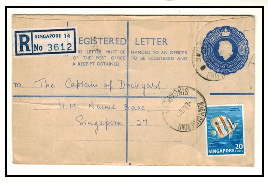 SINGAPORE - 1955 20c+10c blue RPSE uprated locally used at NORH CANAL ROAD/SINGAPORE.  H&G 4.