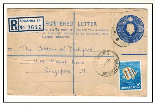 SINGAPORE - 1955 20c+10c blue RPSE uprated locally used at NORH CANAL ROAD/SINGAPORE.  H&G 4.