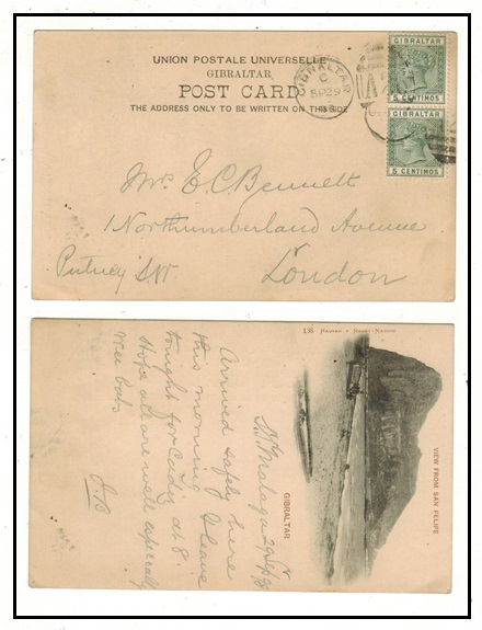 GIBRALTAR - 1898 5c (x2) on postcard to UK. An early postcard use.