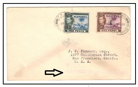 GAMBIA - 1939 3d rate cover to USA used at T.P.O.No.2/GAMBIA.