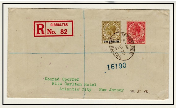 GIBRALTAR - 1929 1/1d rate registered cover to USA.