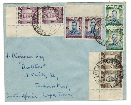 SOUTHERN RHODESIA - 1949 high franking cover to Cape Town used at SALISBURY.