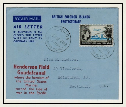 SOLOMON ISLANDS - 1956 8d rate use of BSI air letter pre-printed HENDERSON FIELD/GUADALCANAL.