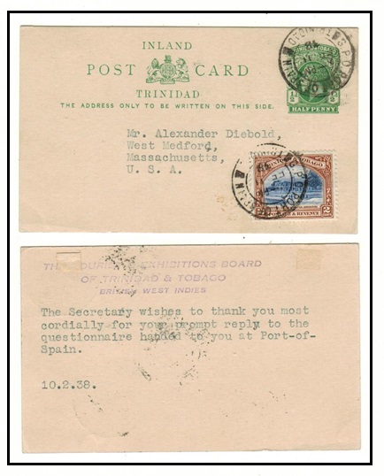 TRINIDAD AND TOBAGO - 1915 1/2d green PSC uprated to USA used at PORT OF SPAIN.  H&G 1.