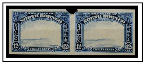 NORTH BORNEO - 1931 12c IMPERFORATE PLATE PROOF pair (SG type 76) of the frame and value tablet.