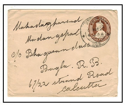BURMA - 1922 1a brown PSE of India to Calcutta used at MOULMEIN/SOR.  H&G 13.