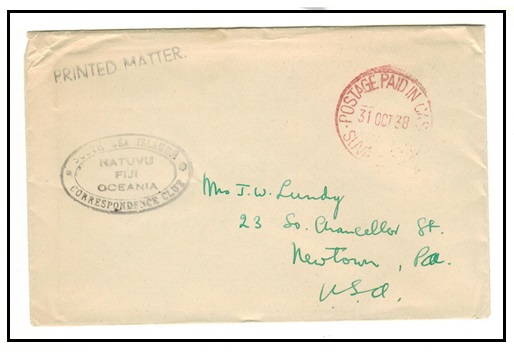 FIJI - 1938 stampless cover to USA cancelled by red 