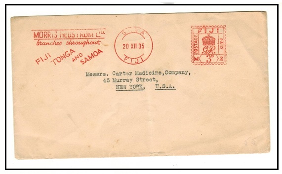 FIJI - 1935 stampless cover to USA cancelled by red 