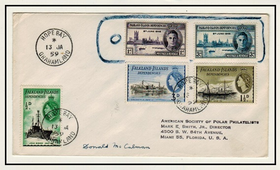 FALKLAND ISLANDS - 1959 cover to USA used at HOPE BAY with un-accepted 